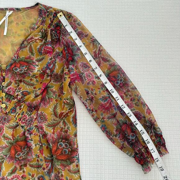 Anthropologie Gretchen Smocked Tunic Top Boho Mustard Floral Mesh Fabric US XS - Picture 8 of 9